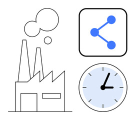 Factory with chimneys, digital sharing icon, and analog clock symbolizing production, technology, connectivity, efficiency, time management, industrial innovation, and simple landing page