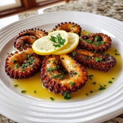 Tender squid simmered in rich tomato sauce with aromatic spices, garnished with fresh parsley for a Mediterranean touch.