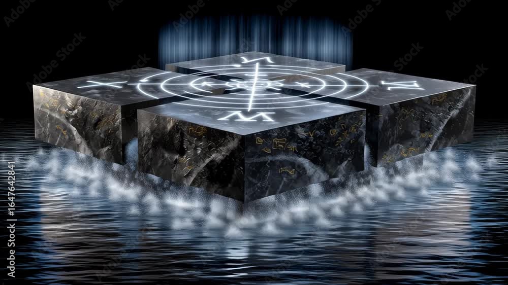 Aufkleber mystical floating structure with intricate symbols surrounded by mist and water in a dark ethereal s