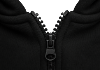 A detailed macro close-up of a broken black plastic zipper with large teeth, the metallic slider jammed at the bottom, isolated on a transparent background, malfunction concept