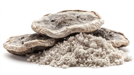 Two dried mushroom caps atop a pile of mushroom powder
