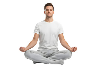 Man meditating in lotus position, eyes closed, peaceful expression, white background, PNG format