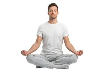 Man meditating in lotus position, eyes closed, peaceful expression, white background, PNG format