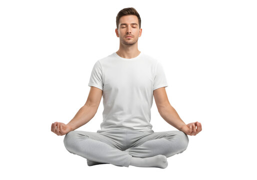 Man meditating in lotus position, eyes closed, peaceful expression, white background, PNG format