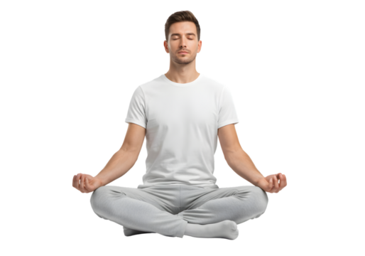 Man meditating in lotus position, eyes closed, peaceful expression, white background, PNG format - Powered by Adobe