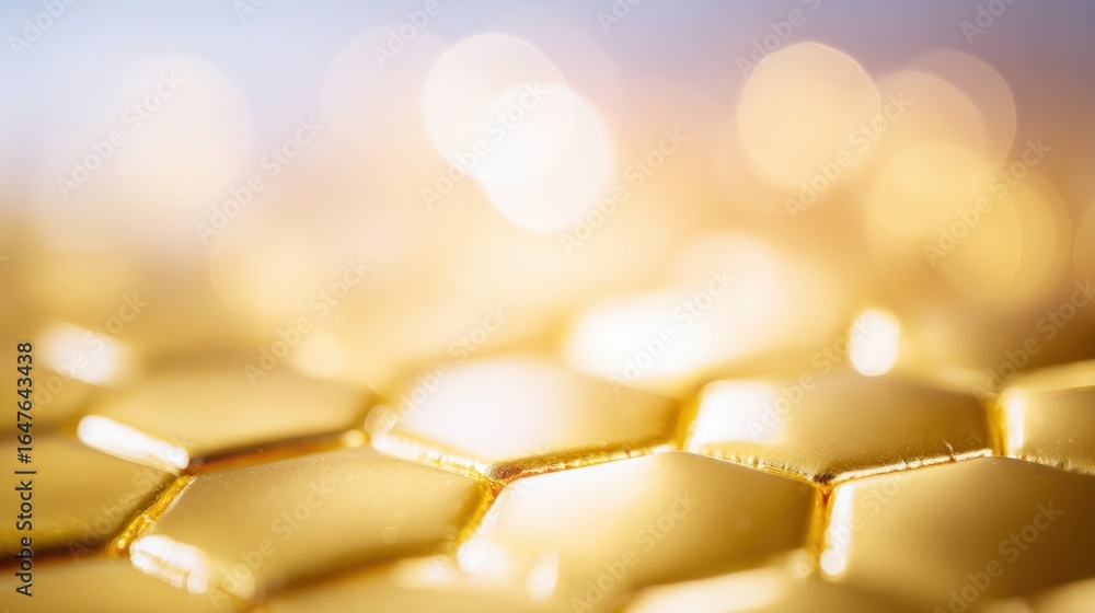Poster intricate design of golden hexagons glimmers in soft light at close range
