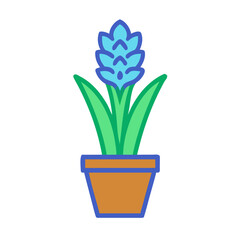 Stylized hyacinth plant in terracotta pot on black background, vector graphic