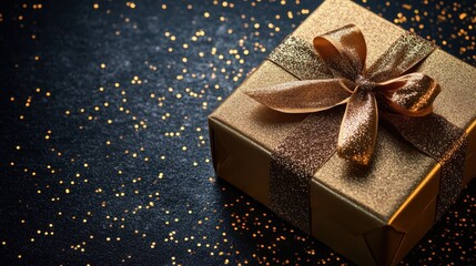 Gold Gift Box with Brown Glitter Ribbon on Black Background
