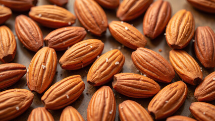 Salted almonds scattered on wooden surface create delightful and crunchy snack. Their rich texture and flavor make them popular choice