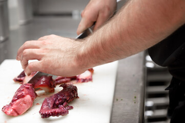 Slicing fresh octopus tentacle with a sharp knife on a white cutting board, delicate seafood preparation. Detailed close-up of culinary process. High quality photo
