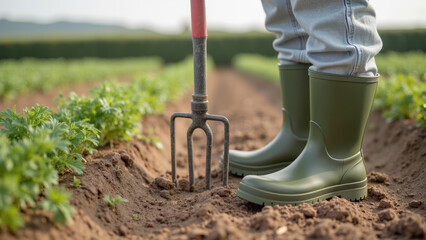 Gardener wearing green rubber boots stands in field, holding garden fork, surrounded by rows of growing plants, showcasing connection to nature