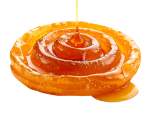 Jalebi spiral dessert with sugar syrup being poured, glossy and sticky texture on isolated background