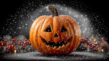 Vibrant Halloween Jack-O'-Lantern Surrounded by Snowflakes in a Whimsical Setting - Powered by Adobe