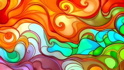 Abstract stained glass artwork featuring swirling patterns in vibrant orange, blue, green, and purple hues