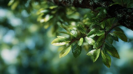 Vibrant tree branch with lush green leaves in natural daylight