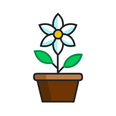 Stylized potted flower with blue petals and yellow center on black background