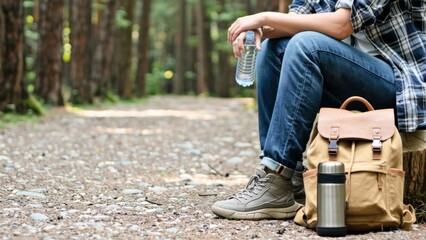 Relaxing Break in Nature with Backpack and Water Bottle in Forest