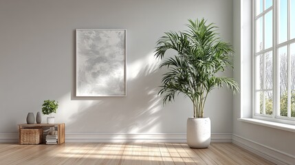 Modern minimalist interior scene with plant and framed art.