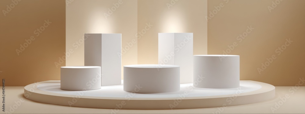 Poster geometric white podiums with floating shadows on a neutral background for modern display or showcase