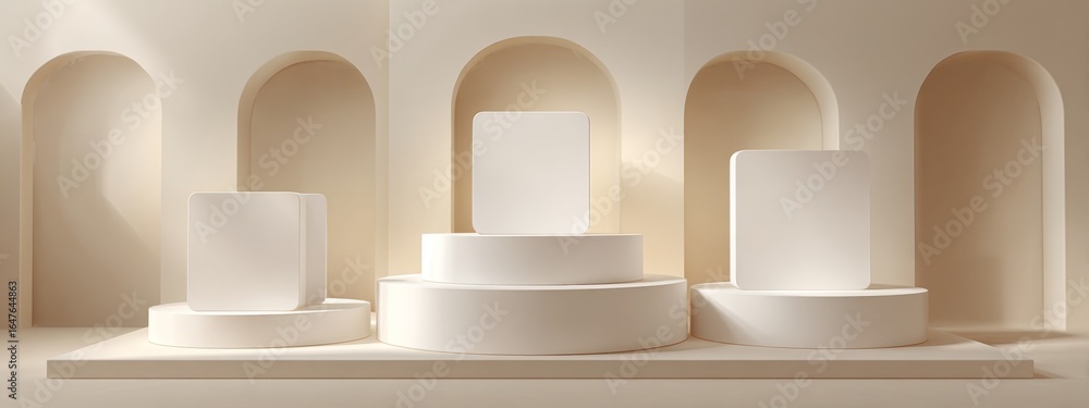 Poster elegant geometric display with white podiums and soft floating shadows in minimalist setting