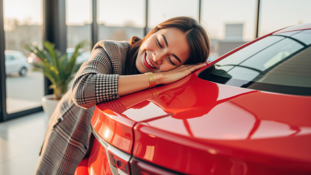Woman expresses joy while leaning on shiny red car in modern showroom, showcasing her excitement and satisfaction with vehicle