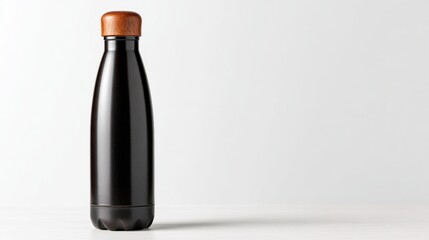 Sleek Black Insulated Water Bottle with Wooden Cap on Minimalist Background