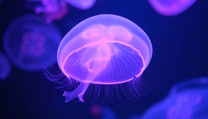 Obraz premium Glowing Jellyfish in Deep Ocean, Bioluminescent Marine Life