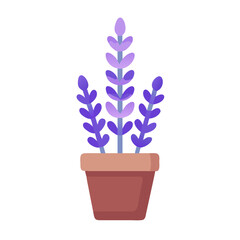 Stylized lavender plant in a brown pot on a black background.