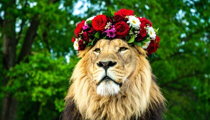 Majestic Lion Portrait with Flower Crown in Natural Green Setting