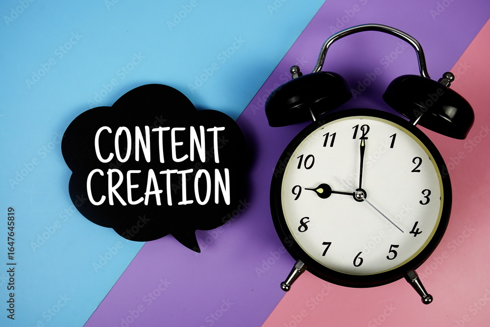 Poster content creation text on speech bubble with alarm clock top view on blue, purple and pink geometric 