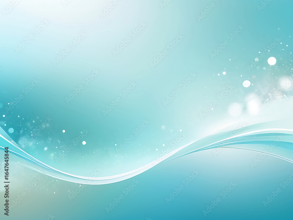 Poster abstract background with a flowing aqua wave, light, and sparkling particles.