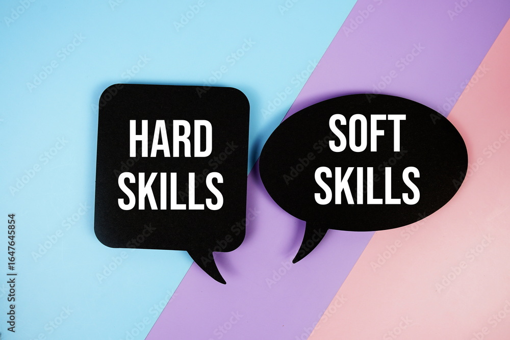 Poster hard skills vs soft skills text on speech bubble top view on blue, purple and pink geometric backgro