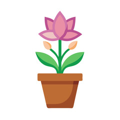 Stylized pink lotus flower in brown pot on black background flat illustration