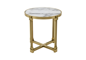 Round Marble Top Accent Table: Gold Metal Base, Small Side Table on White Background