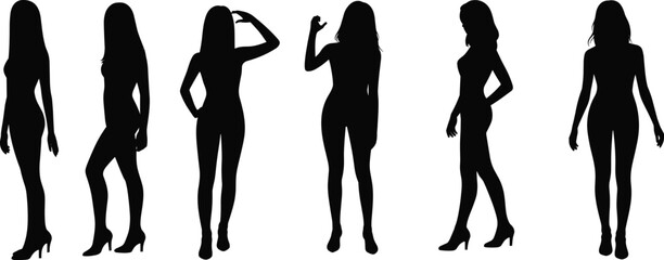 Silhouettes of standing women posing in different angles, high heels, black vector icons, elegant female figures, modern style design