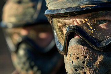 Close-Up of Paintball Players in Action, Wearing Protective Masks and Gear, Generative AI art