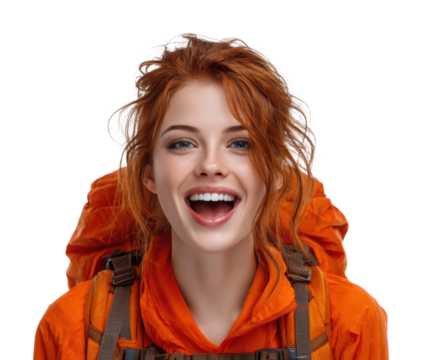 Adventurous smiling woman in orange jacket hiking nature isolated on transparent background