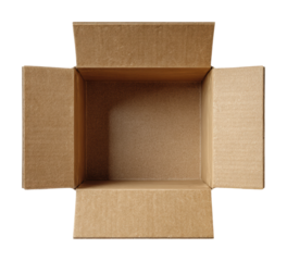 Unpacking a cardboard box product top-down isolated on transparent background