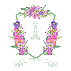 Elegant floral crest with monogram letter a, gladiolus and iris flowers, isolated on white background