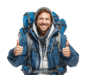 Happy backpacker in adventure nature portrait smiling isolated on transparent background
