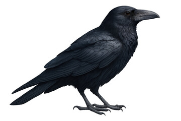 Large black common raven standing on transparent background