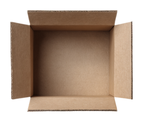 Unpacking a cardboard box home office product top view isolated on transparent background