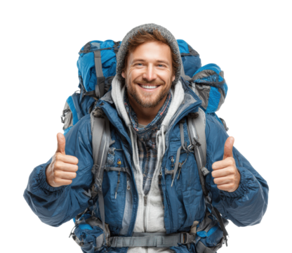 Happy backpacker in adventure nature portrait smiling isolated on transparent background