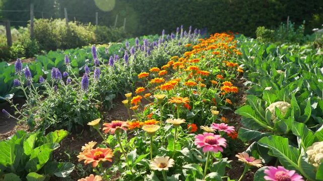 Beautiful garden with flowers and vegetables growing in a home garden plot