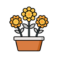 Stylized yellow flowers in a pot, simple botanical vector illustration on black background