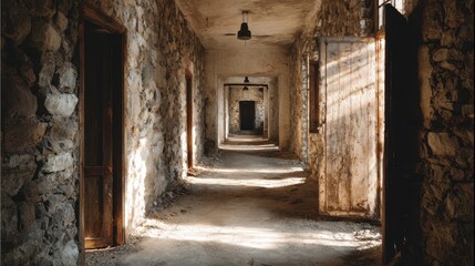 Fototapeta premium Abandoned Stone Hallway with Doors and Natural Light Streaming In
