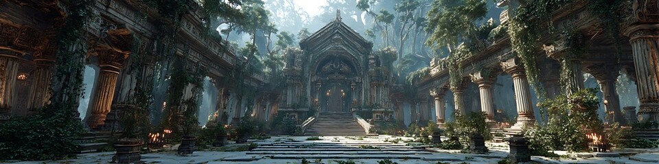 Temple hall with holographic timeline projected by ancient AI device