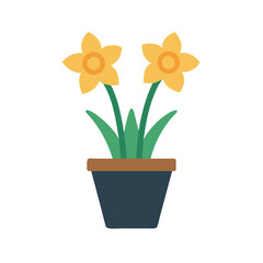 Stylized vector graphic of daffodils in a blue pot on a black background