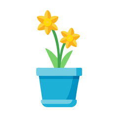 Two Yellow Daffodils in a Blue Pot on Black Background, Flat Illustration