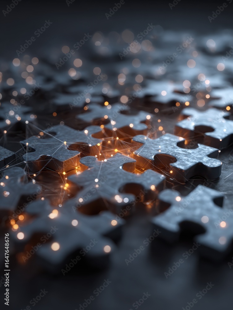 Poster glowing puzzle pieces connected in a digital network highlighting concepts of connectivity problemso